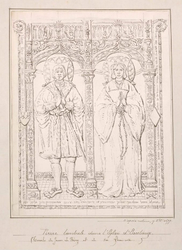 Pierre tombale dans l'église d'Essertaux (tombe de Jean du Béry et de sa femme). Dessin d’Oswald Macqueron d'après nature, 9 octobre 1877. Près de la pierre tombale on peut lire cette inscription : « ci gisent les corps des nobles personnes Jean de Béry, seigneur d’Essertaux et de Hainneville, lequel trépassa le jour de la Saint-Firmin, martyr, en septembre 1522 et de sa femme Marguerite Jeanne de Rubempré ».