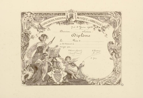 Diplôme. Concours national de Musique d'Abbeville, 7 et 8 juin 1908.