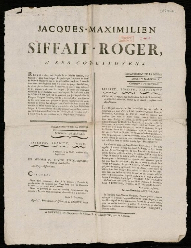 affiche révolutionnaire Jacques-Maximilien Siffait-Roger, à ses Concitoyens.