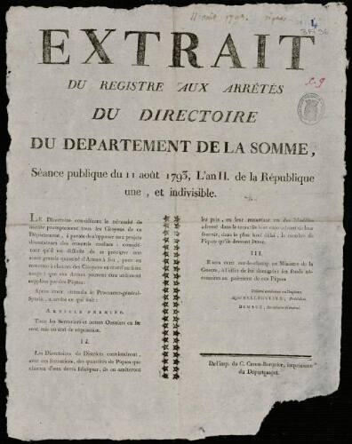 affiche révolutionnaire Extrait du registre aux Arrêtés du Directoire du Département de la Somme. Séance publique du 11 août 1793 ….