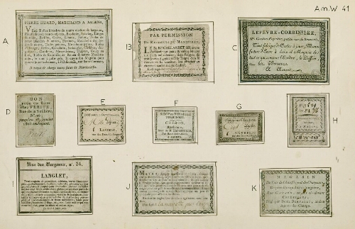 A) Encart publicitaire : Pierre Huard, marchand à Amiens. Magasin "A l'Orfevresse", rue Saint-Germain. B) Encart publicitaire : le Sr Rochelandet débite une pommade qui guérit et enlève les cors aux pieds ... Il est logé chez M. Boulet, Grand Rue de Beauvais, Amiens. C) Encart publicitaire : Lefévre-Corbiniere, Marchand Cartier-Papetier, Petite Rue de Beauvais, ..., à Amiens. D) Bon pour un bain chez Vérité, rue de la Veillière, N°16, jusqu'au 1er janvier 1808 seulement. E) Bon pour l'Orthographe. Mille lignes. Lambert, rue des Trois-Cailloux. F) Sirop de vinaigre framboisé : Chéron, Apothicaire, succ. de M. Lapostolle, rue Basse Saint-Martin, à Amiens. G) Bon pour l’Écriture. Cent lignes. Lambert, rue de s Trois-Cailloux. H) Bon : de Bonne-Dessommes, Fabricant, à Amiens. I) Encart publicitaire : Langlet, rue des Vergeaux, N°34. J) Mayer, chimiste et raffineur en métaux, composeur et décomposeur, arrivé dans cette ville, prévient qu'il détache les cors de pieds en cinq minutes .... Il est logé à la Navette. K) Encart publicitaire : Magasin de bois de chauffage et de charpente, de première qualité et longueur, rue Gamard, ou des ci-devant Cordeliers, régi par Denis Bernault, ancien Agent-de -Change. D) à H) Bons chez divers commerçants d'Amiens.