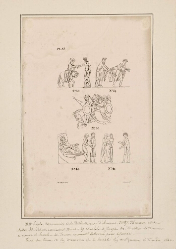 XIIe siècle. Manuscrit de la bibliothèque d'Amiens. N°37, Pharaon et sa suite. N°38, Shechem ravissant Dinah. N°39, Chasteté de Joseph. N°40, Punition de Pharaon à cause de Sarah. N°41, Isaac recevant Rebecca pour épouse. Tiré du tome III des Mémoires de la Société des Antiquaires de Picardie, 1840.