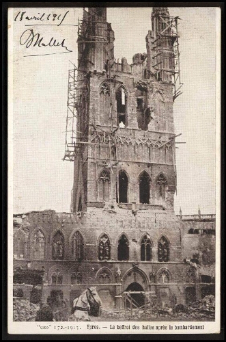 Ypres, le beffroi des halles après le bombardement