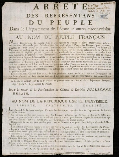 Affiche révolutionnaire. "Arrêté des Représentans du Peuple dans le Département de l'Aisne et autres circonvoisins. Au nom du peuple français"