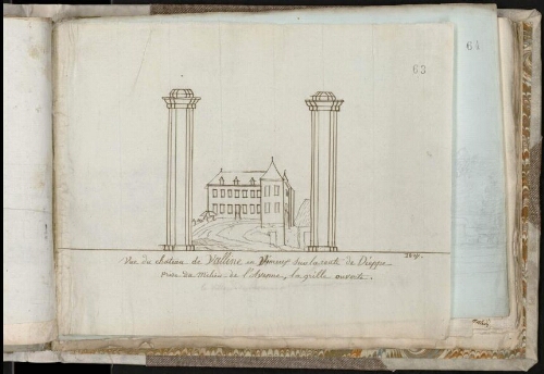 Vue du château de Valline en Vimeu Valines sur la route de Dieppe, prise du milieu de l’avenue, la grille ouverte, 1827