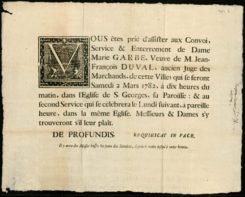 Faire-Part 1700-1799 : Enterrement de Marie Garbe, veuve de M. Jean-François Duval, ancien Juge des Marchands à Abbeville. 2 mars 1782