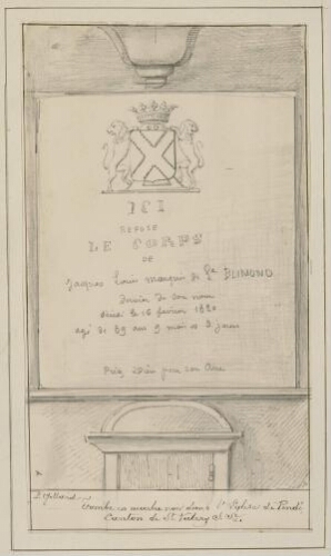 Tombe en marbre noir dans l'église de Pendé : canton de Saint-Valery-sur-Somme. Sépulture de Jacques Louis Marquis de St Blimond, décédé le 16 février 1820, âgé de 89 ans, 9 mois et 3 jours. - Dessin de L. Gillard.