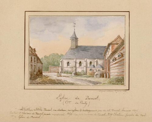 Eglise de Prouzel (canton de Conty). - Aquarelle d’Oswald Macqueron, d'après nature, 11 juin 1867.