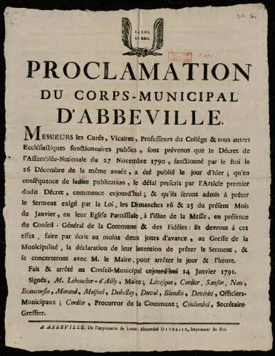 affiche révolutionnaire Proclamation du corps-municipal d'Abbeville.