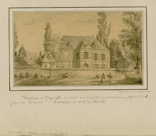 Château d'Épagnette construit sur l'emplacement de l'ancien fief de Préville, par M. Ricourart. Habitation de Mme de Cossette. - Dessin d'Oswald Macqueron, d'après une esquisse de Gillard, 1864.