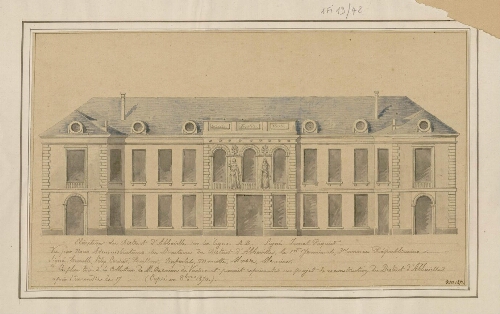 Ce Plan tiré de la collection de M. de Caïeu de Vadicourt paraît représenter un projet de reconstruction du District d'Abbeville après l'incendie de 17 ?? (copié en oct. 1870). Élévation du District d'Abbeville sur la ligne AB. Signé Jumel Riquier, vu par les administrateurs du Directoire du District d'Abbeville, le 1er Germinal, 3e année républicaine. Signé Traullé, Félix Cordier, Baillon, Dufestel, Marcotte, Masse, Meurice.