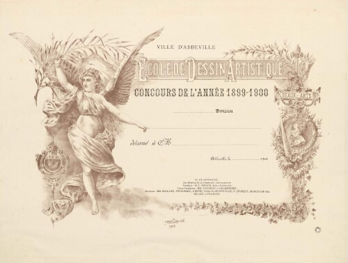 Diplôme. Ville d'Abbeville : École de dessin artistique, concours de l'année 1899-1900.