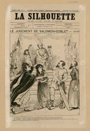 Caricature de René Goblet, intitulée "Le jugement de Salomon-Goblet", par Bast. Extrait du journal "La Silhouette, Politique, satirique, artistique et financière", dimanche 13 décembre 1885 (première page).