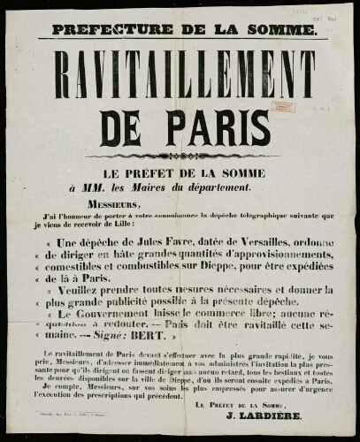 affiche 1870-1871 Préfecture de la Somme : Ravitaillement de Paris.