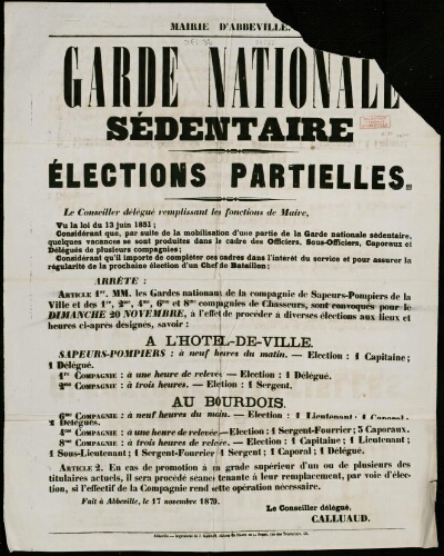 affiche 1870-1871 Mairie d’Abbeville : Garde nationale séde ntaire. Elections partielles