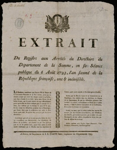 affiche révolutionnaire Extrait du Registre aux Arrêtés du Directoire du Département de la Somme, en sa séance publique du 6 août 1793 ….