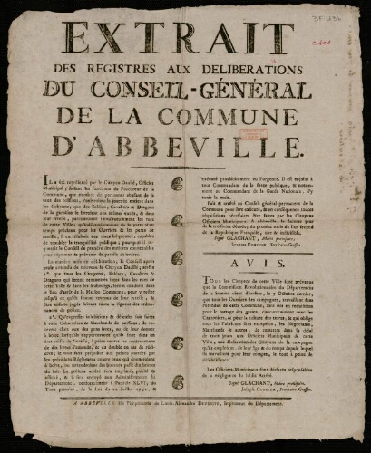 Affiche révolutionnaire. Extrait des registres aux délibérations du Conseil-général de la Commune d'Abbeville.