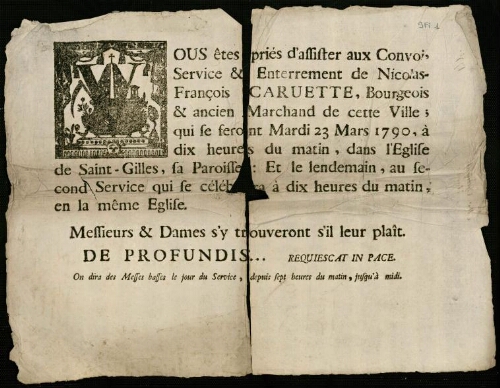 Faire-Part 1700-1799 : Enterrement de Nicolas-François Caruette, bourgeois et ancien marchand à Abbeville. 23 mars 1790