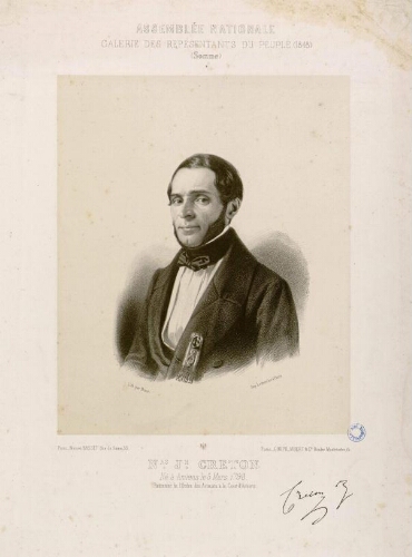 N. J. Creton : né à Amiens le 5 mars 1798, bâtonnier de l'Ordre des Avocats à la Cour d'Amiens. Assemblée Nationale : Galerie des représentants du peuple (1848) (Somme). - Lith. par Bour. - Imp. Lemercier à Paris. - Paris, Maison Basset, rue de Seine, 33.