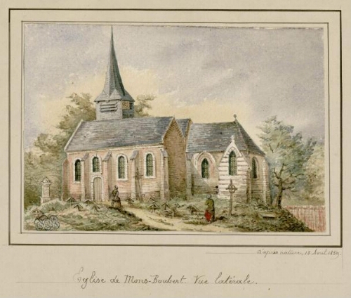 Église de Mons-Boubert. - Aquarelle d'Oswald Macqueron, d'après nature, 18 avril 1859.