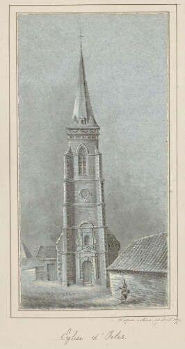 Église d'Irles. - Aquarelle d'Oswald Macqueron, d'après nature, 27 avril 1877.