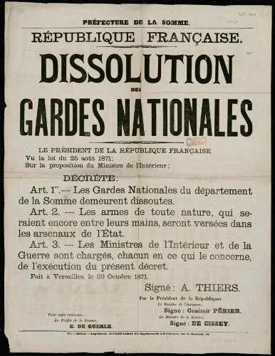 Affiche 1870-1871. Préfecture de la Somme : République française : Dissolution des Gardes Nationales.