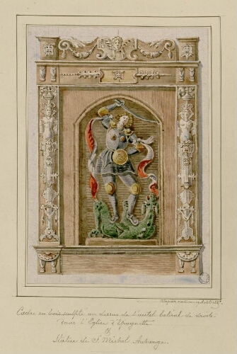 Cadre en bois sculpté au de ssus de l'autel latéral de droite dans l'église d'Epagnette, dédiée à Saint Michel Archange. - Aquarelle d'Oswald Macqueron, d'après nature, 19 août 1885.