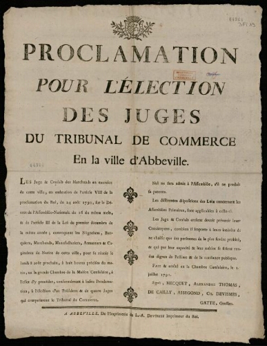 Affiche révolutionnaire. Proclamation pour l'élection des juges du tribunal de commerce en la ville d'Abbeville.