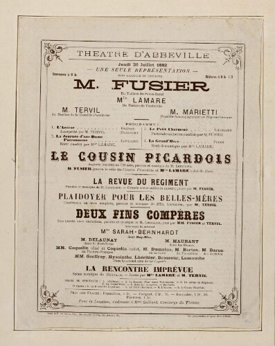 Programme du Théâtre d'Abbeville du 20 juillet 1882 annonçant une représentation dans laquelle se produira notamment M. Fusier, du Théâtre du Palais-Royal.