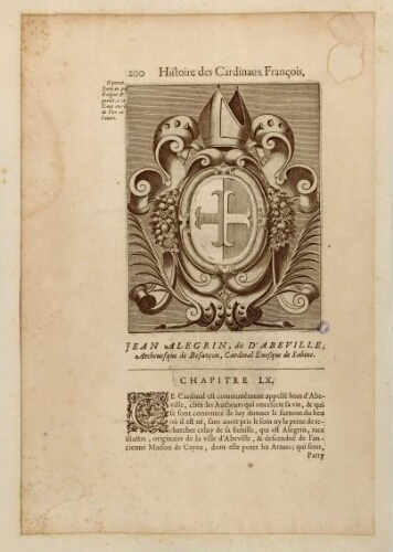 Jean Alegrin, dit d'Abbeville : Archevesque de Besançon, Cardinal Evesque de Sabine. Blason. Extr. de l'"Histoire des Cardinaux François".