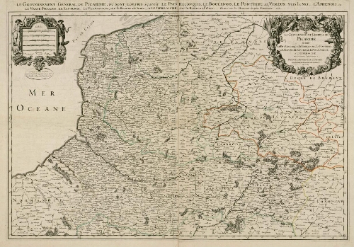 Carte du Gouvernement général de Picardie (Boulonnais, Ponthieu, Vimeu, Amiénois, Santerre, Vermandois, Thiérache), XVIIe siècle. Le Gouvernement general de Picardie, ou sont compris sçavoir le pays reconquis, le Boulenois, le Ponthieu, et le Vimeux, vers la mer ; l'Amienois, ou la vraye Picardie, le Santerre, le Vermandois, sur la riviere de Some ; et le Tierrasche, sur la riviere d'Oise : dressé sur les Memoires les plus nouveaux et presenté a Monseigneur le Dauphin, par son tres humble, tres obeissant, et tres fide le serviteur, H. Jaillot.