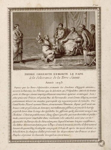 Pierre L'Hermite exhorte le Pape à la délivrance de la Terre Sainte : Année 1093. - J.M. Moreau, del. - Gravé à l'eau forte P.J. et terminé P.R., 1721.