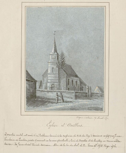 Église d'Ovillers. - Aquarelle d'Oswald Macqueron, d'après nature, 29 avril 1877. Nota : Le maître-autel est orné d'un tableau donné à la confrérie de ND du Puy d'Amiens en 1547 par Jean Turbin, prêtre et avocat en la cour spirituelle, curé de Bovalles et de Fouilloy en Normandie. Devise : "de Jésus Christ élucide sacraire". - Mémoire de la Société des Antiquaires de Picardie, tome 15e, 1858, p. 476.