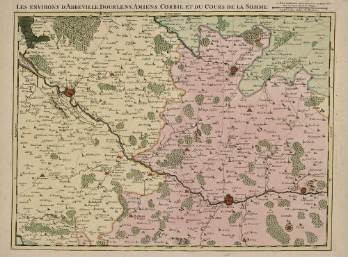 Les environs d'Abbeville, Dourlens, Amiens, Corbie, et du cours de la Somme. - A Amsterdam : chez I. Covens et C. Mortier, sur la copie de E. H. Friex. Echelle de deux lieues de Brabant.