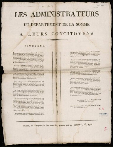 affiche révolutionnaire Les Administrateurs du Département de la Somme à leurs Concitoyens.