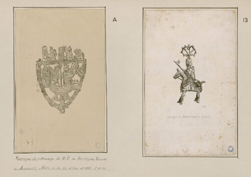 A) Enseigne de pèlerinage de N.D. de Boulogne trouvée à Mareuil (Mémoires de la Société d'Emulation d'Abbeville, T. XVII). B) Enseigne en plomb trouvé à Amiens.