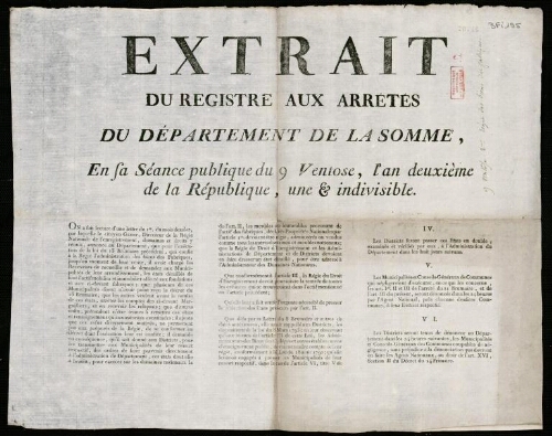 affiche révolutionnaire Extrait du Registre aux Arrêtés du Département de la Somme. En sa séance publique du 9 Ventôse, l’an de uxième de la République ....