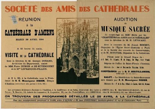 Affiche de la Société des Amis des Cathédrales : programme de manifestations le mardi 28 avril 1914.