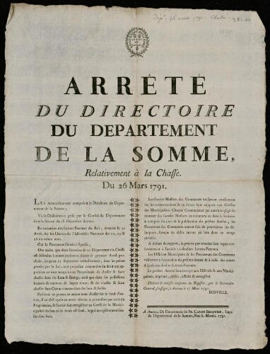 affiche révolutionnaire Arrêté du directoire du département de la Somme relativement à la chasse.