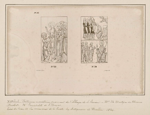 XIIe siècle. Psalterium monasticum provenant de l'abbaye de Saint-Fuscien. N°34, Martyre de Thomas Becket. N°35, Incrédulité de St Thomas. Tiré du Tome III des mémoires de la Société des antiquaires de Picardie, 1840. Lith. Delaporte. L. Duthoit, del.