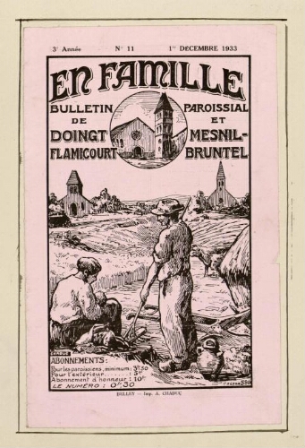 Couverture de "En famille : bulletin paroissial de Doingt-Flamicourt et Mesnil-Bruntel", N° 11, 1er décembre 1933. - Belley, imp. A. Chaduc.