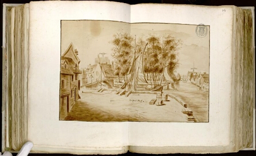 Abbeville, quai du Pont Neuf. À droite, canal marchand et pont de Talance, clocher de l’église du couvent des Cordeliers, chaussée Doket (d'Hocquet). Avant 1789