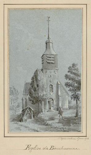 Église de Bouchavenne (Bouchavesne). - Aquarelle d'Oswald Macqueron, d'après nature, 18 juin 1874.