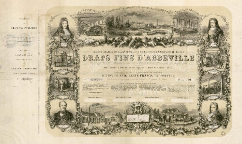 Action de la Manufacture des Rames. Société de draps fins d'Abbeville, acte passé devant Me Mocquard et son collègue, le 20 décembre 1854 et 2 janvier 1855. Raison sociale J. Randoing et Cie, durée de la Société 40 ans, capital social 2 000 000 de francs, action de 500 francs au porteur, n° 4187.