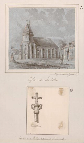 A) Eglise de Sentelie. Aquarelle d’Oswald Macqueron, d'après nature, 7 juin 1877. B) Thoix, croix monumentale. - Extrait de la Picardie historique et monumentale. Nota : il s’agit du calvaire (XVIe s.) qui se trouve sur la place. On y voit deux anges soutenant une couronne de blé. Cette croix fut sculptée par le seigneur de Thoix, Jacques d'Heilly, à son retour de croisade , puis érigée en calvaire en 1779 par Thimoléon de Gouffier, alors seigneur de Thoix. Après les dégradations de la Révolution, elle fut érigée à nouveau vers 1850 par l'abbé Lecadieu, curé de Thoix, et classé monument historique en 1942. Elle fut restauré en 2009.