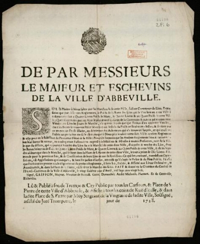 affiche Ancien Régime de par Messieurs lEMajeur et Eschevins de la Ville d'Abbeville