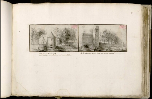 A) La tour à Borel vue hors la ville, couverte en ardoises en 1811, elle étoit auparavant couverte de thuilles (sic). B) La tour du Haut de gré vue hors la ville vers la tour à Borel