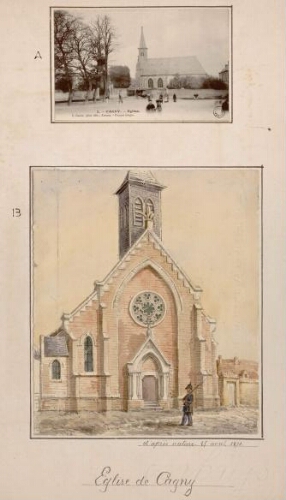 A) Cagny, église. - Carte postale L. Caron, phot. édit., Amiens, n°1. B) Église de Cagny. - Aquarelle d'Oswald Macqueron, d'après nature, 25 avril 1871.