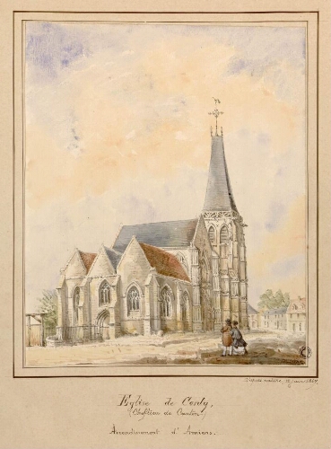 Eglise de Conty (chef -lieu de canton) : arrondissement d'Amiens. - Aquarelle d’Oswald Macqueron, d'après nature, 12 juin 1867.