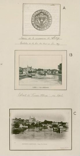 A) Sceau de la commune de Long. B) Vue générale de Long. C) Vue générale de Long. (carte postale).